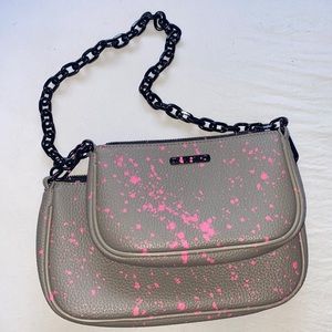 Pink splatter painted gray faux leather double shoulder bag